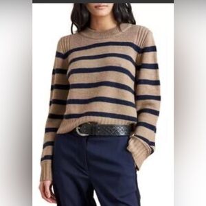 LA LIGNE 100% Merino wool Camel and Navy Striped Crew Sweater